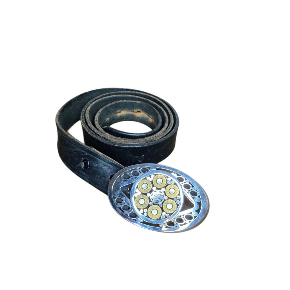 Western Outlaw Bullet Casing Belt 45" Black Leather Rugged Revolver Buckle